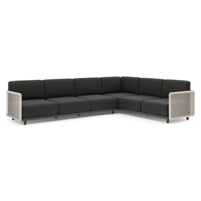 Organo loungehoek in zwart aluminium en beige verticaal geweven luxe vlakke rope met chartres sooty all weather sunbrella® luxe kussens