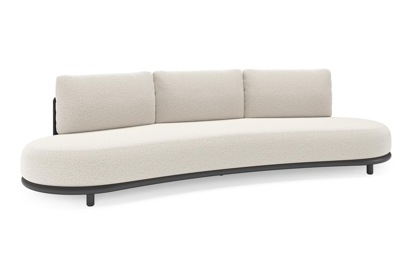 Canapé de jardin Lomano en aluminium noir et corde luxe plate tissée verticalement noir et coussins en all weather solica firenze natural