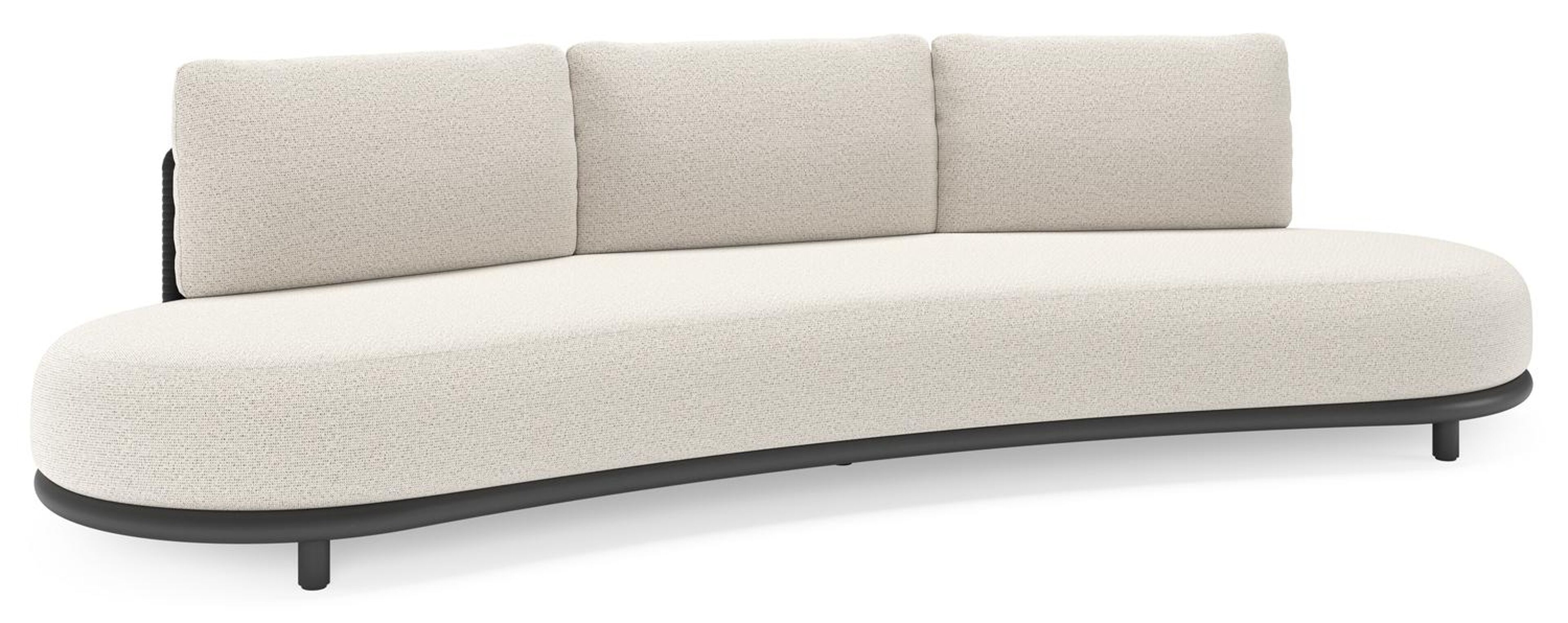 Lomano loungebank in zwart aluminium en zwart verticaal geweven luxe vlakke rope met firenze natural all weather solica kussen