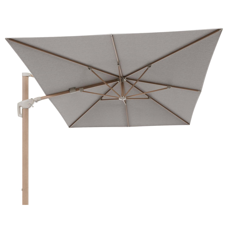 Minore zweefparasol met tiltfunctie in houtlook aluminium en Tundra Sand All Weather Sunbrella® Luxe parasoldoek - L1 400 x L2 300 cm (zonder voet)