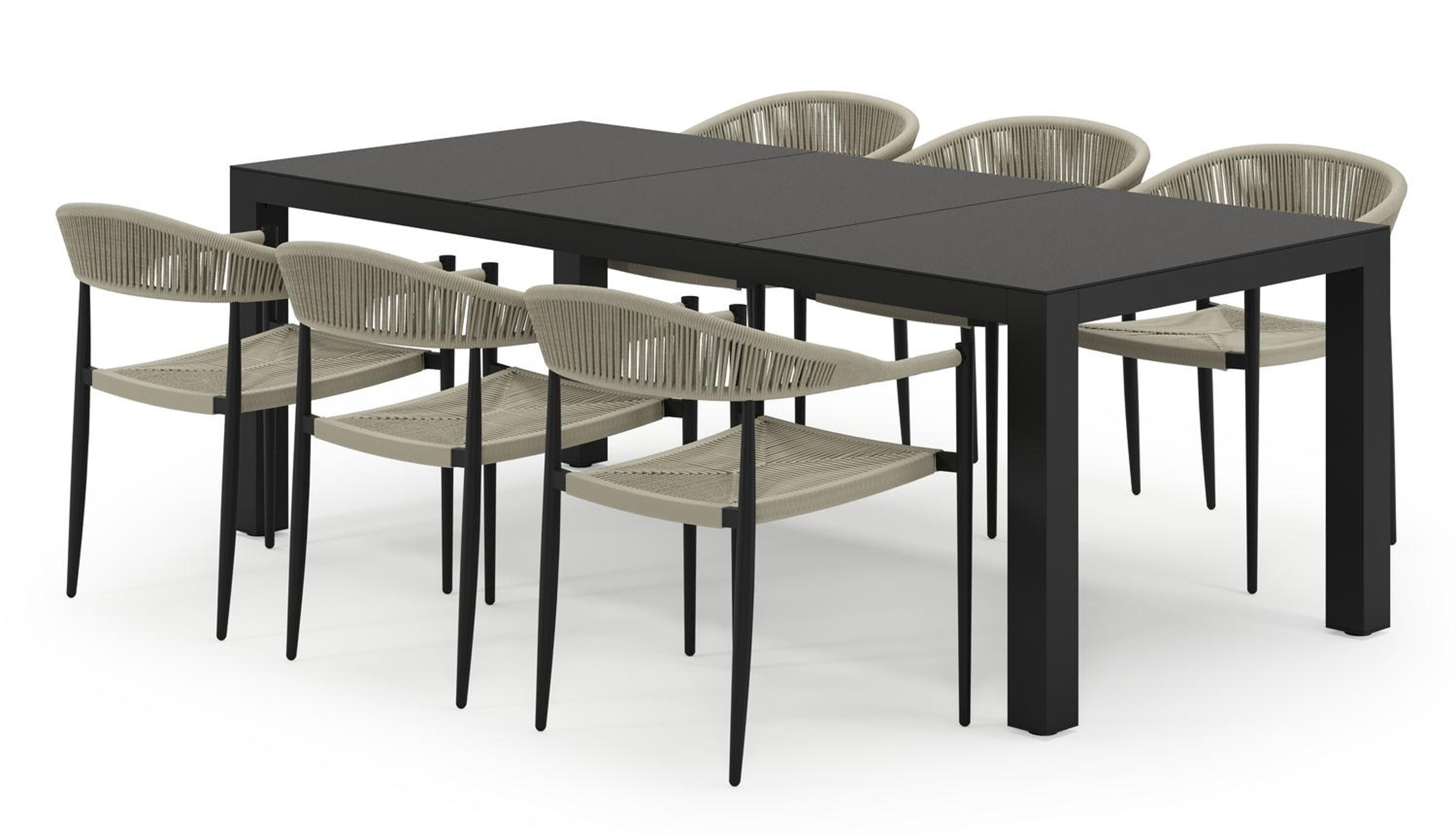 Calzo tuinset in zwart aluminium en zwart sintered stone met 6 stapelbare Guarda tuinstoelen