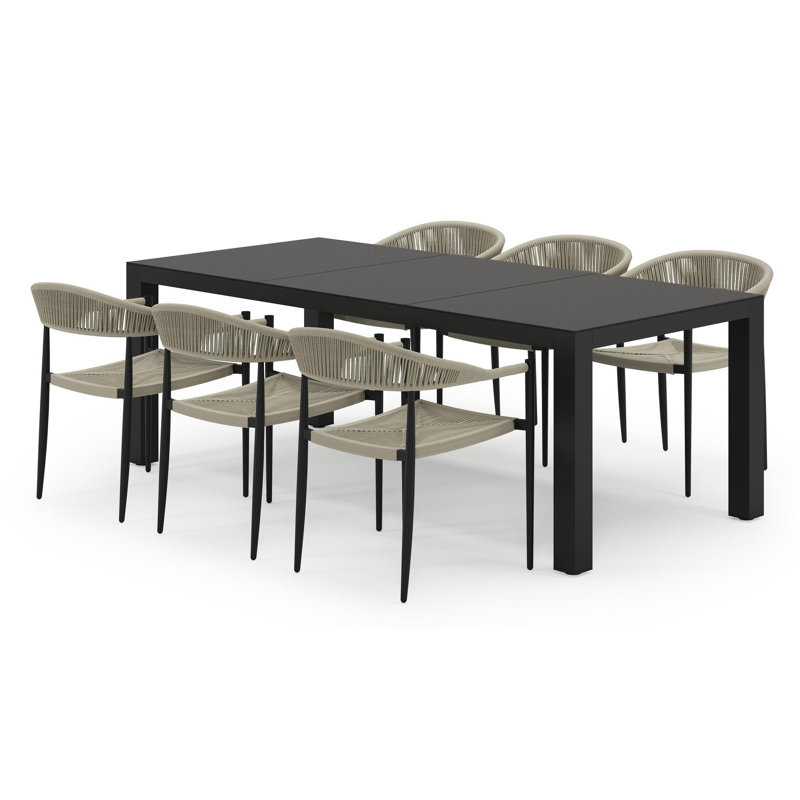 Calzo tuinset in zwart aluminium en zwart sintered stone met 6 stapelbare Guarda tuinstoelen