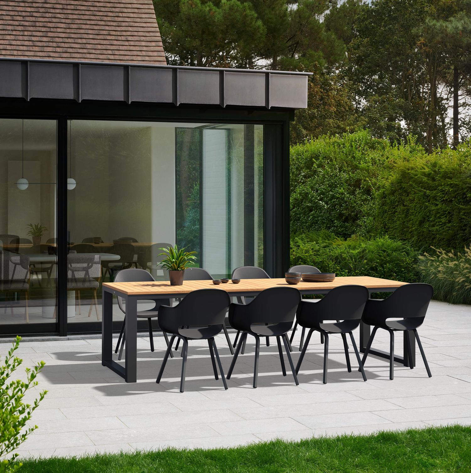 Ensemble de jardin Livo en aluminium noir avec plateau de table en teck naturel et 8 chaises de jardin Artena