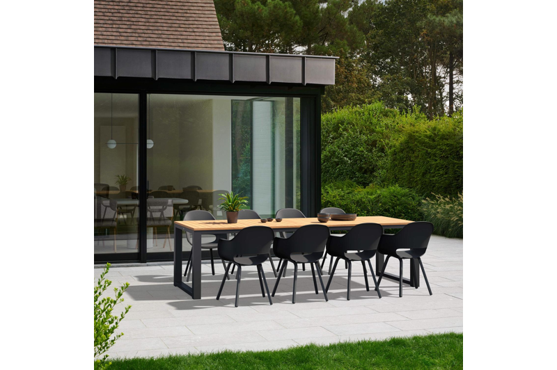 Livo tuinset in zwart aluminium en naturel teak tafelblad met 8 Artena tuinstoelen
