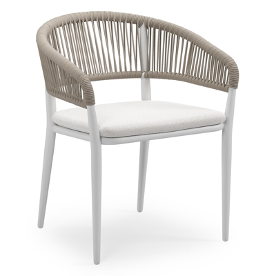 Tolfa stapelbare tuinstoel in wit aluminium en beige verticaal geweven ronde rope met stoelkussen in All Weather Solica Soul Optik