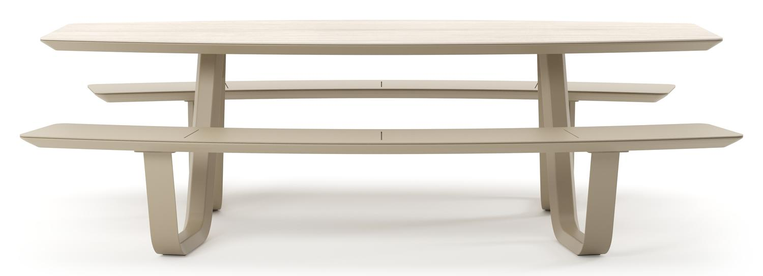 Table de pique-nique Forno forme de bateau en aluminium beige et céramique pleine Travertino Bianco - Lg. 240 x Lrg. 181 x Haut. 72 cm