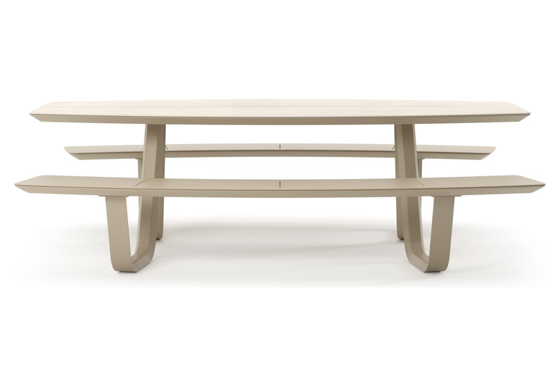 Table de pique-nique Forno forme de bateau en aluminium beige et céramique pleine Travertino Bianco - Lg. 240 x Lrg. 181 x Haut. 72 cm