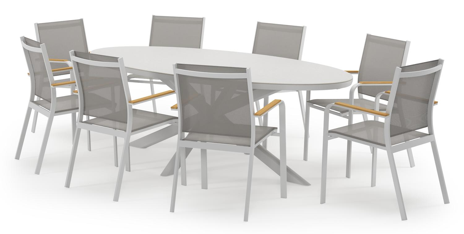 Pamplona ovale tuinset in wit aluminium en sintered stone topo minerale met 8 Amalfi tuinstoelen