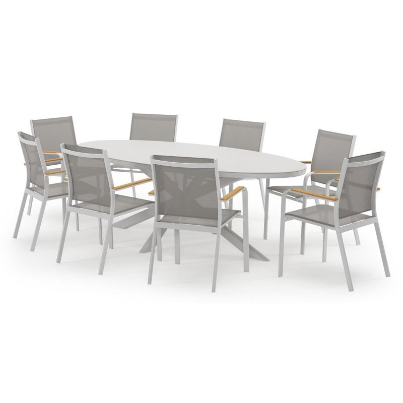 Pamplona ovale tuinset in wit aluminium en sintered stone topo minerale met 8 Amalfi tuinstoelen