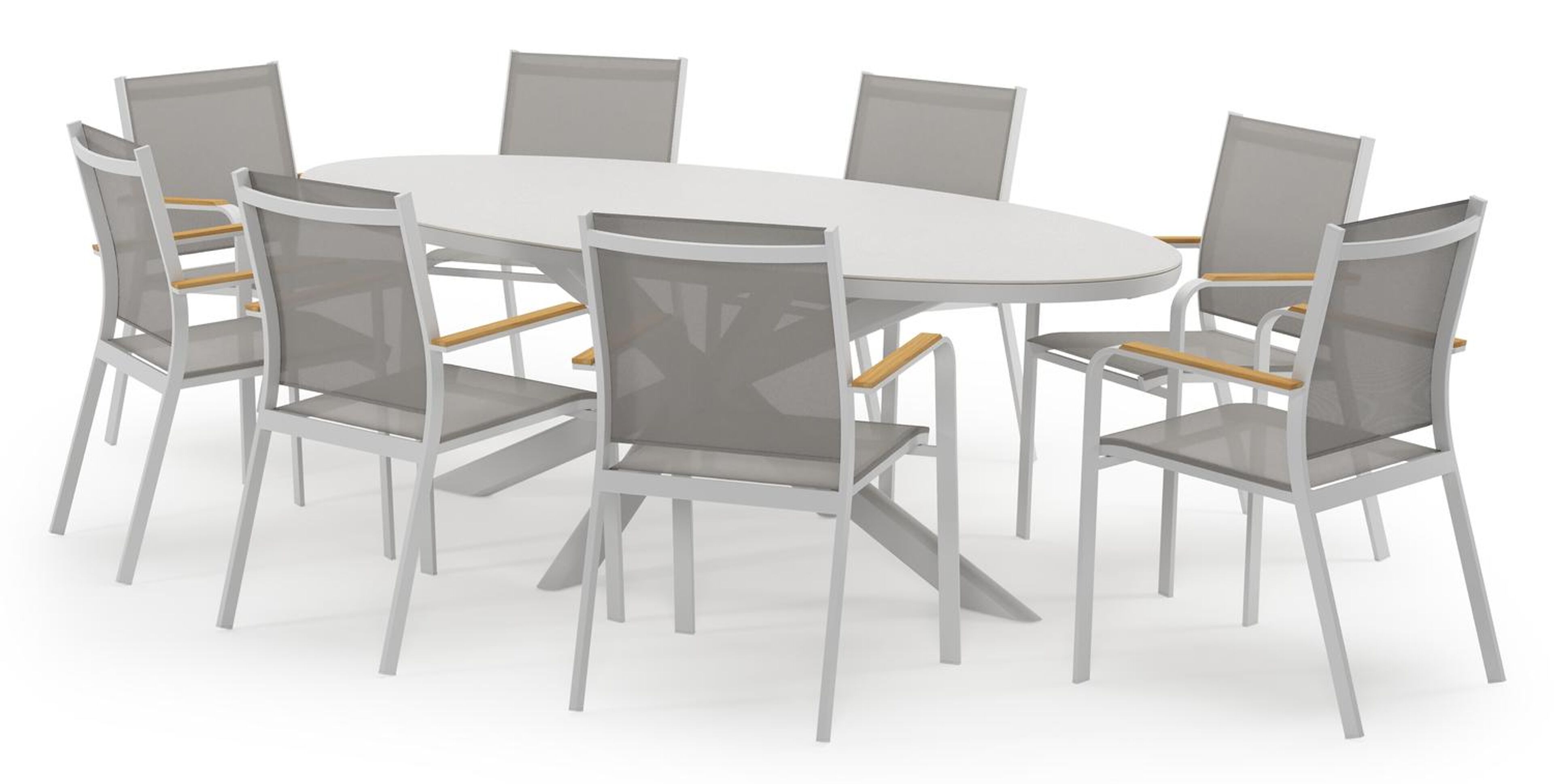 Pamplona ovale tuinset in wit aluminium en sintered stone topo minerale met 8 Amalfi tuinstoelen