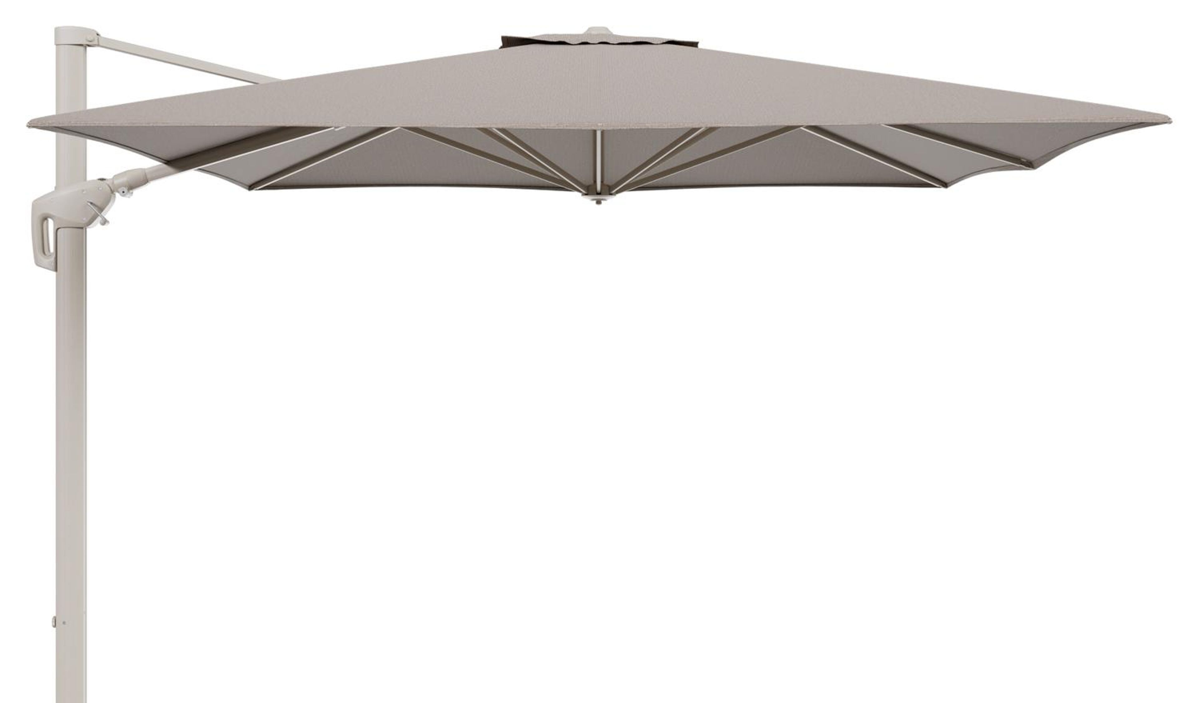 Minore zweefparasol met tiltfunctie in beige aluminium en Firenze Earth All Weather Solica parasoldoek - L1 350 x L2 350 cm (zonder voet)