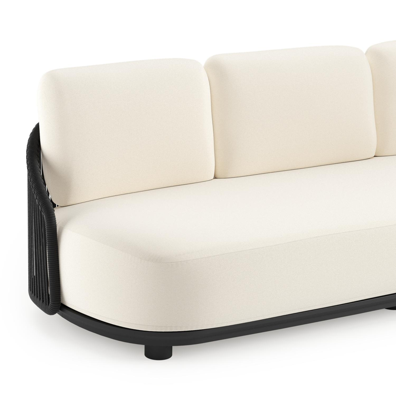 Salon de jardin Vadelo en aluminium noir et corde ronde tissée verticalement noir et coussins en all weather sunbrella® luxe natte white