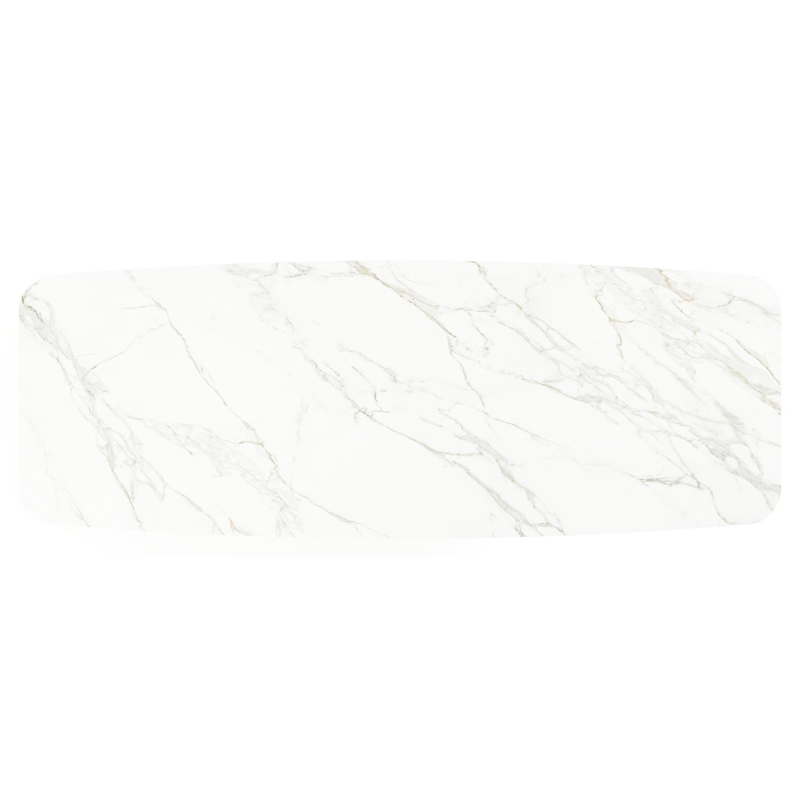 Table de jardin Lacrima forme de bateau en aluminium beige et céramique pleine Calacatta - Lg. 315 x Lrg. 115 x Haut. 73 cm