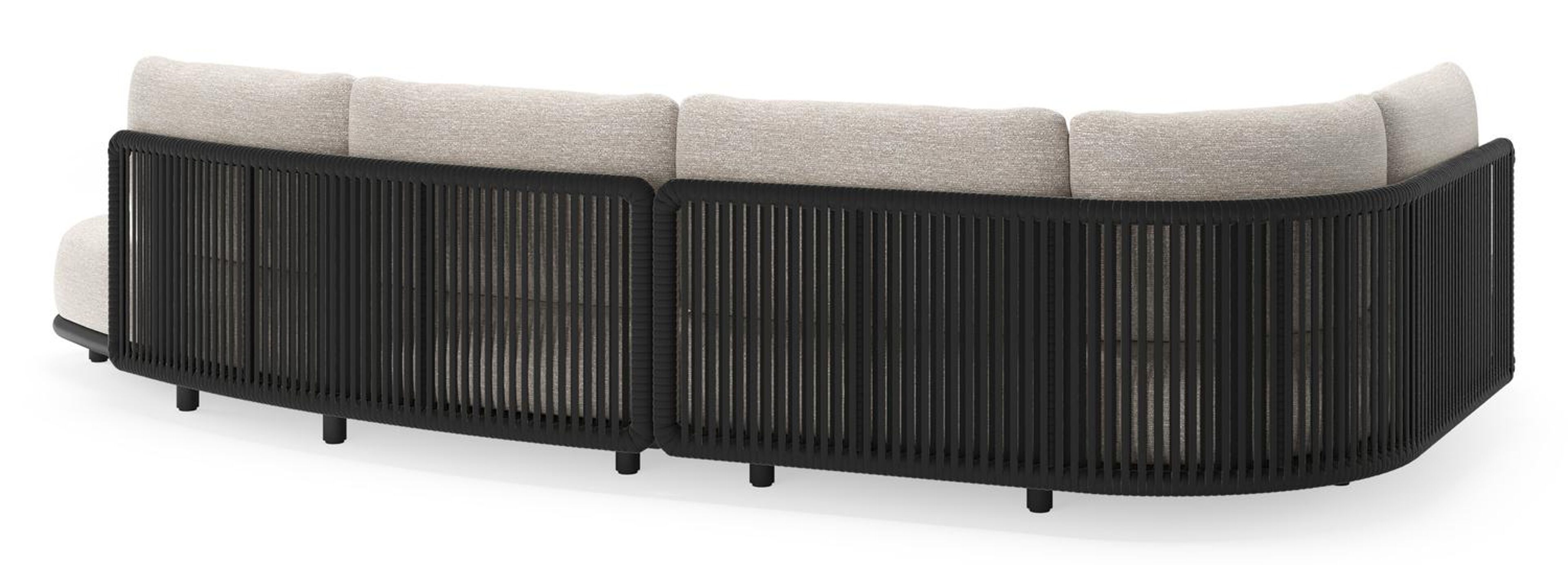Lomano loungehoek in zwart aluminium en zwart verticaal geweven luxe vlakke rope met tundra sand all weather sunbrella® luxe kussen