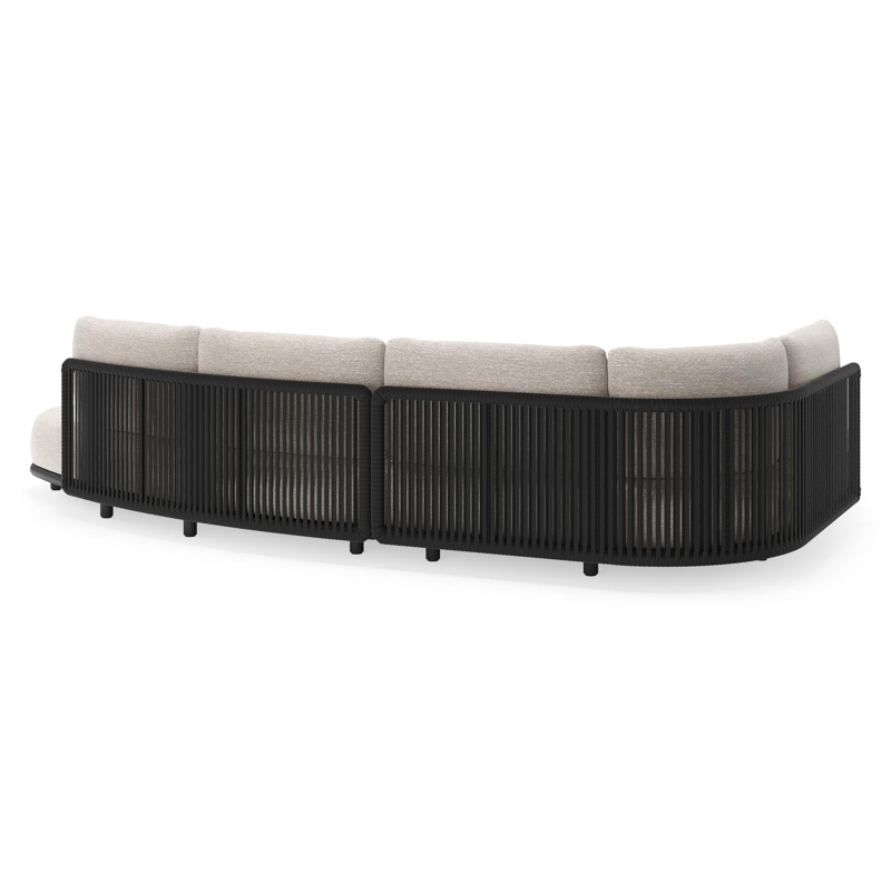 Lomano loungehoek in zwart aluminium en zwart verticaal geweven luxe vlakke rope met tundra sand all weather sunbrella® luxe kussen