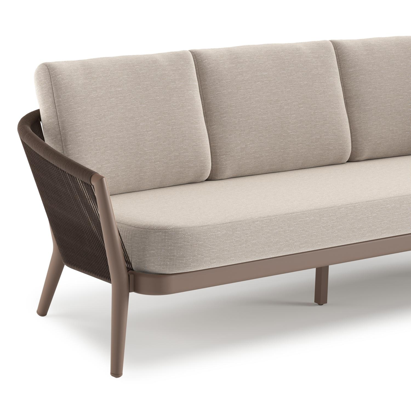 Orso loungeset in taupe aluminiumen zwart verticaal geweven ronde rope met Slow Farafra all weather sunbrella® luxe kussen