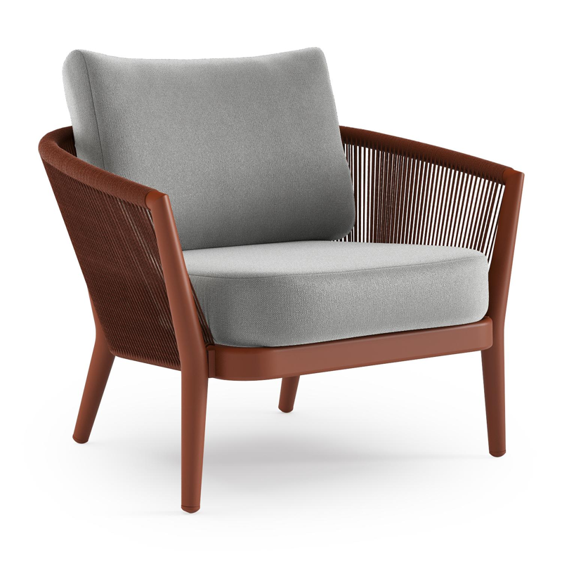 Orso loungestoel in roestbruin aluminium en roestbruin verticaal geweven ronde rope met Savane Grey all weather sunbrella® luxe kussen