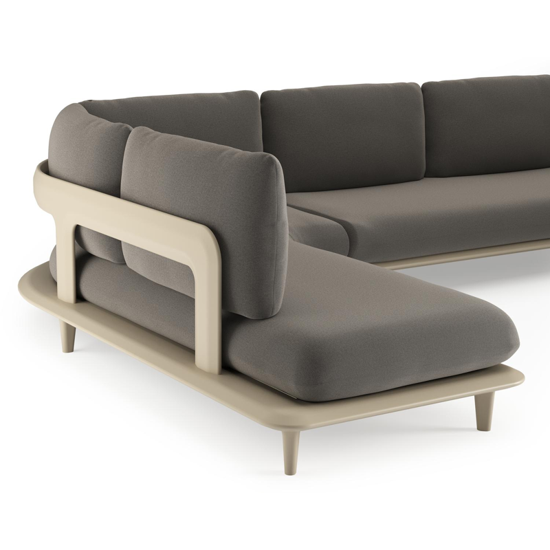 Salon de jardin d'angle Bomero en aluminium beige et coussins en all weather sunbrella® luxe natte dark taupe