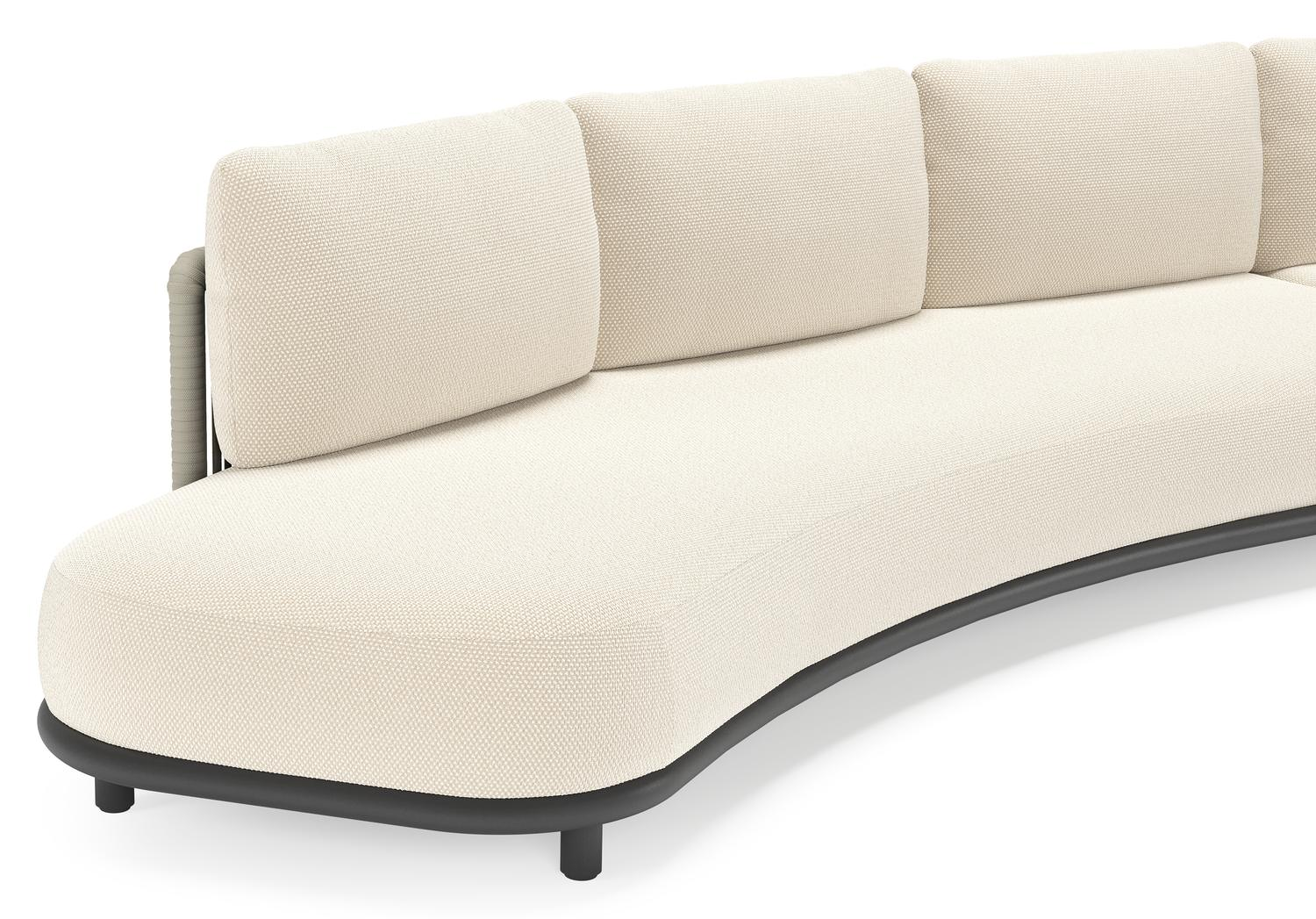 Salon de jardin d'angle Lomano en aluminium noir et corde luxe plate tissée verticalement beige et coussins en all weather cosytica Althea Off White