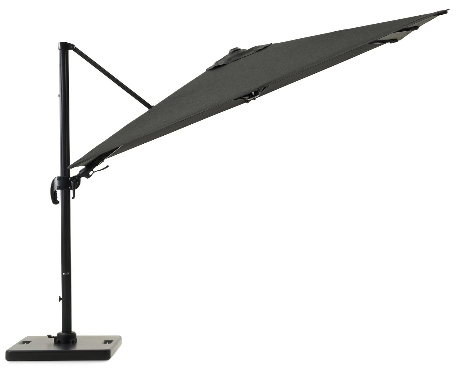 Avola zweefparasol met tiltfunctie in zwart aluminium en Natte Sooty Sunbrella® Premium parasoldoek - L1 200 x L2 300 cm met Pedito parasolvoet 120 kg