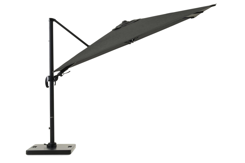 Avola zweefparasol met tiltfunctie in zwart aluminium en Natte Sooty Sunbrella® Premium parasoldoek - L1 200 x L2 300 cm met Pedito parasolvoet 120 kg