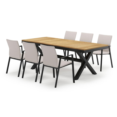 Reza rechthoekige tuinset in zwart aluminium en teak natural finish met 6 Madura tuinstoelen
