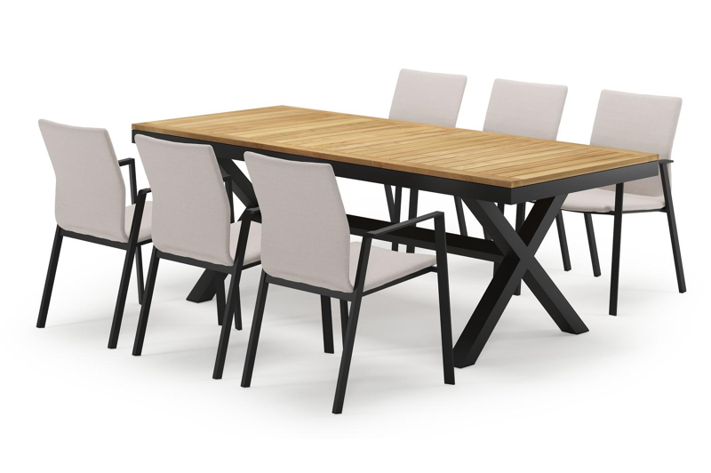 Reza rechthoekige tuinset in zwart aluminium en teak natural finish met 6 Madura tuinstoelen