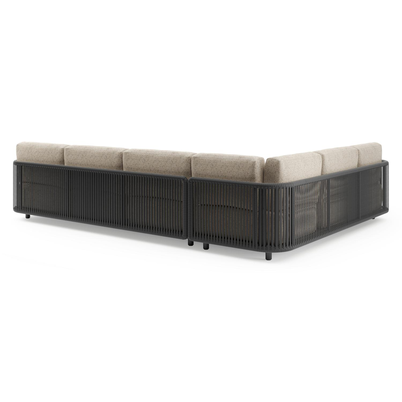 Organo loungehoek in zwart aluminium en zwart verticaal geweven luxe vlakke rope met bora jungle all weather Cosytica kussen