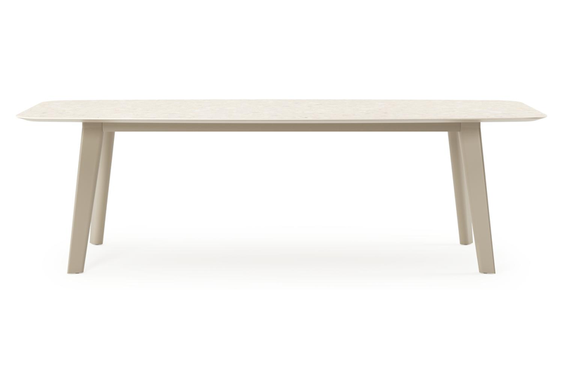 Table de jardin Lacrima forme de bateau en beige aluminium et céramique pleine Retrostone - Lg. 255 x Lrg. 115 cm