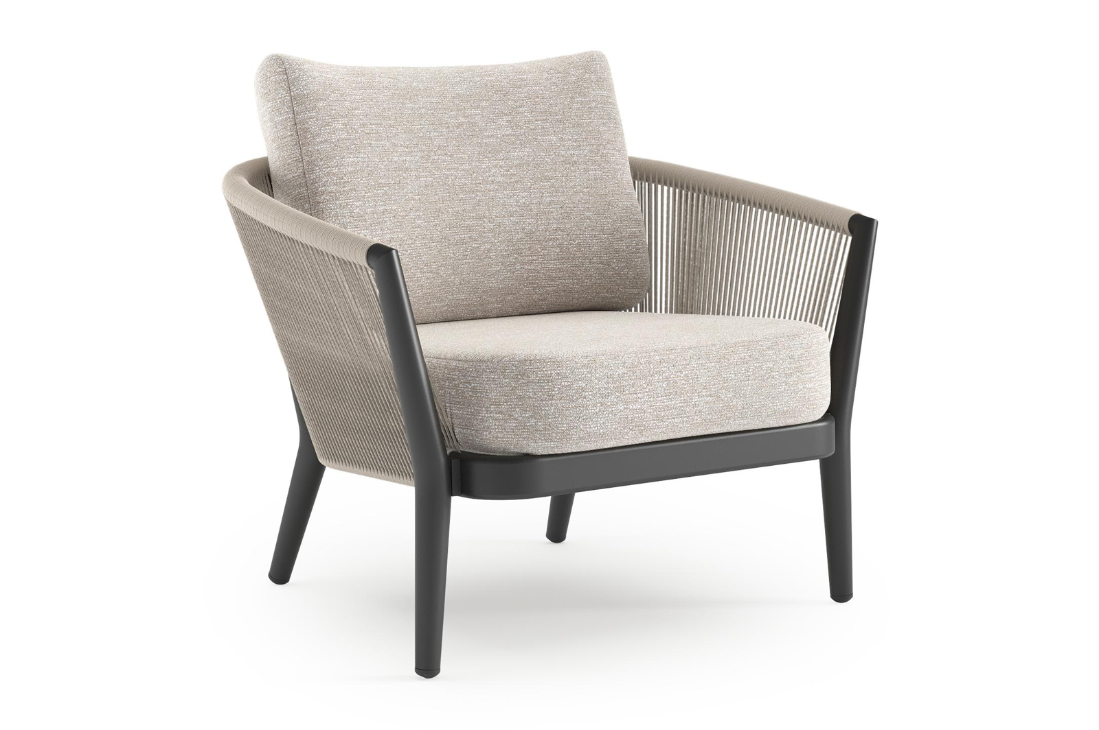 Fauteuil de jardin Orso en aluminium noir en corde ronde tissée verticalement beige et coussins en all weather sunbrella® luxe Tundra Sand