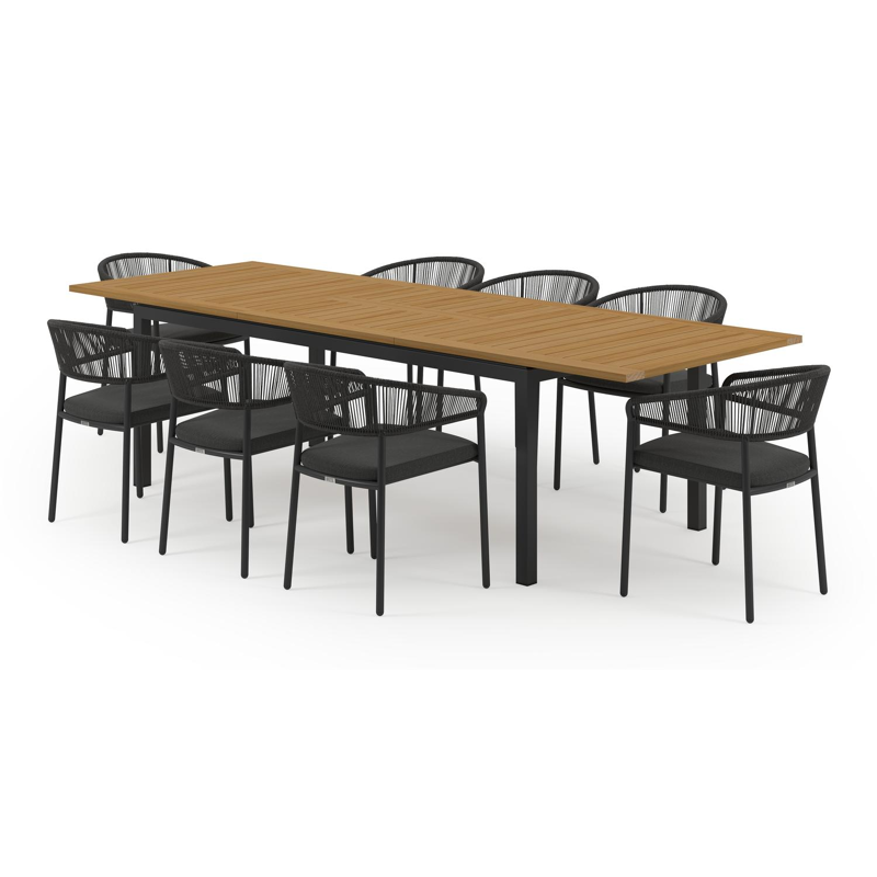 Amalfi tuinset met verlengbare tafel in zwart aluminium en teak tafelblad met 8 stapelbare Zamora tuinstoelen