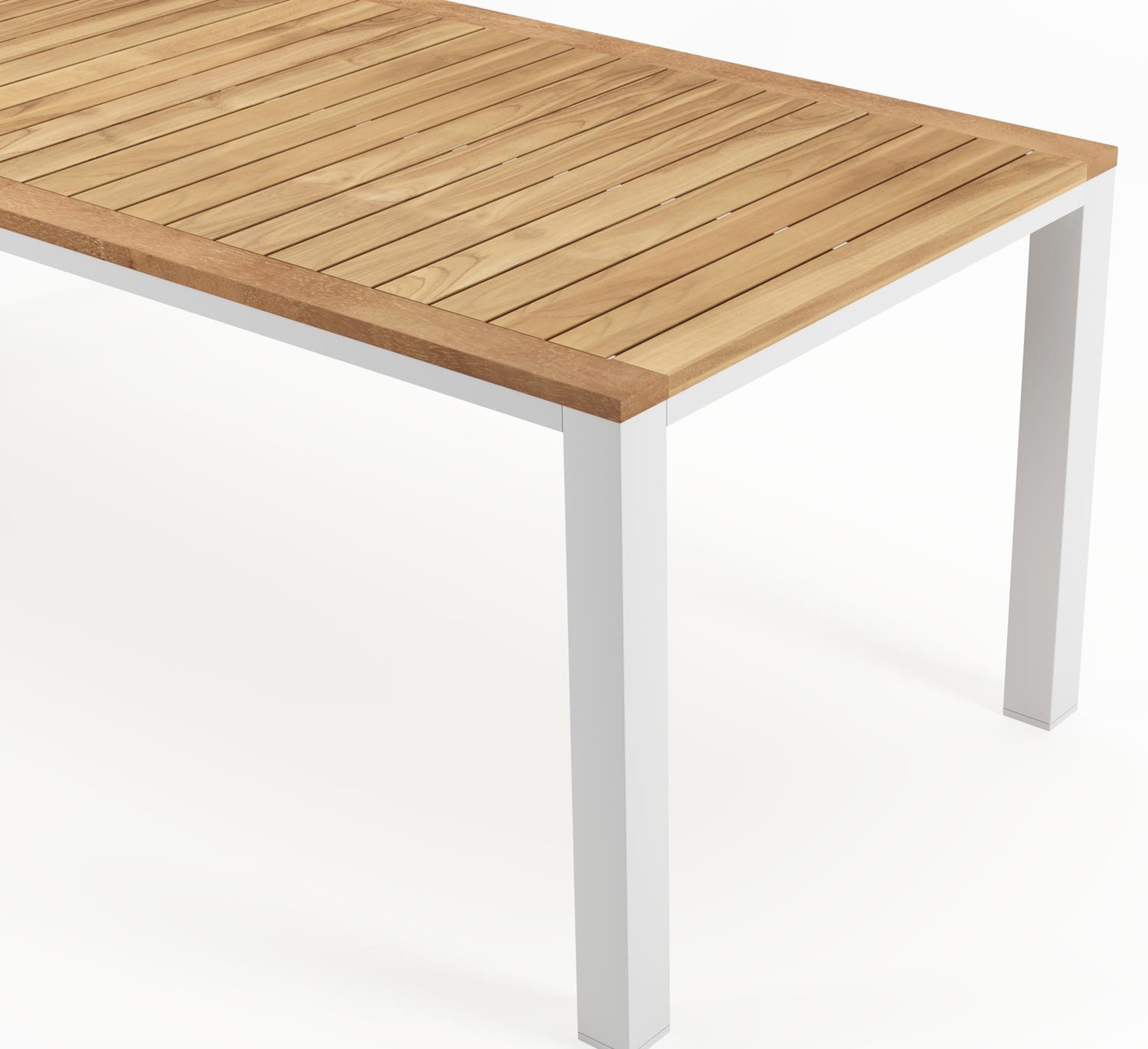 Varese tuinset in wit aluminium en naturel teak tafelblad met 6 stapelbare Madura tuinstoelen