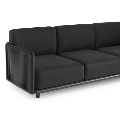 Organo loungebank 3-zit in zwart aluminium en zwart verticaal geweven luxe vlakke rope met chartres sooty all weather sunbrella® luxe kussen