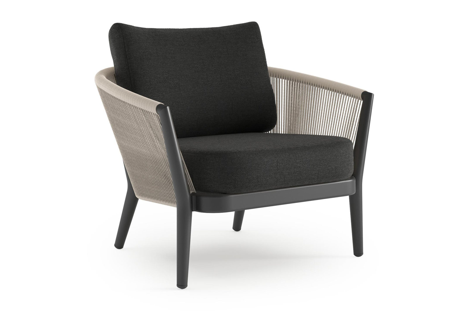 Orso loungestoel in zwart aluminium en beige verticaal geweven ronde rope met Chartres Sooty all weather sunbrella® luxe kussen