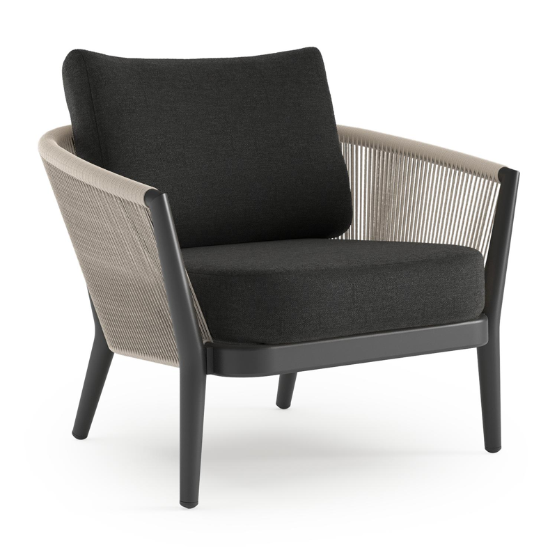 Fauteuil de jardin Orso en aluminium noir en corde ronde tissée verticalement beige et coussins en all weather sunbrella® luxe Chartres Sooty