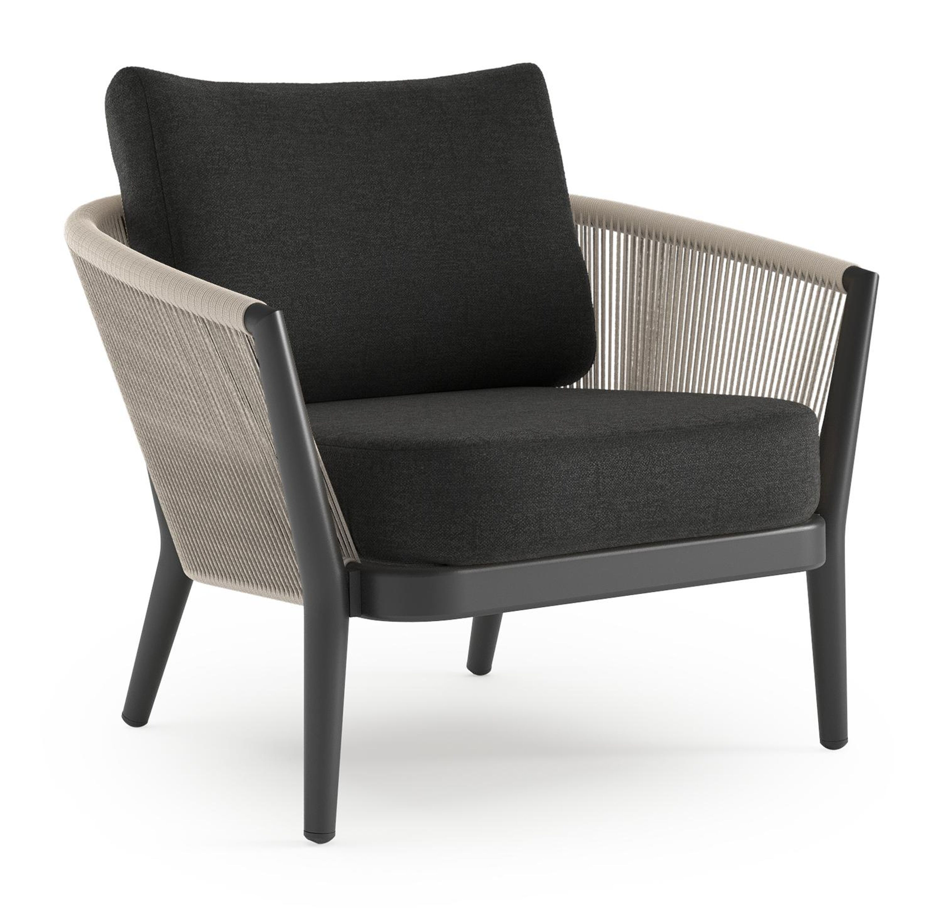 Orso loungestoel in zwart aluminium en beige verticaal geweven ronde rope met Chartres Sooty all weather sunbrella® luxe kussen