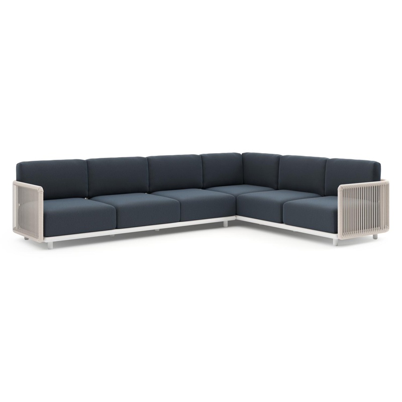 Organo loungehoek in wit aluminium en beige verticaal geweven luxe vlakke rope met heritage indigo all weather Sunbrella® luxe kussen