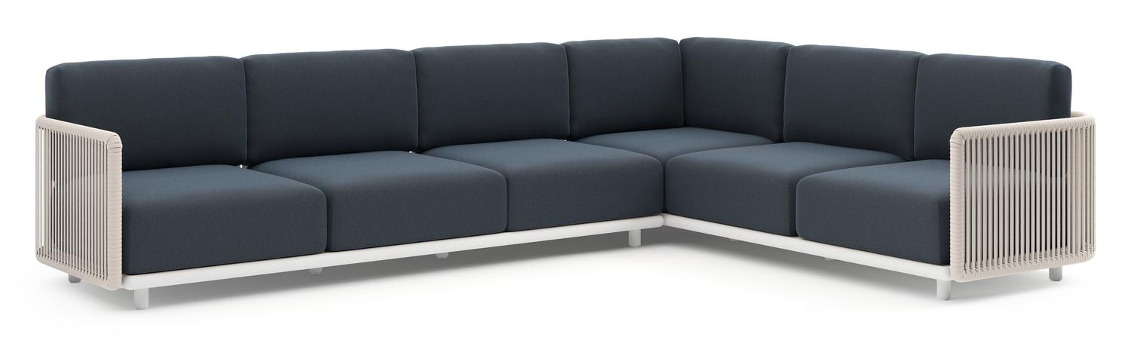 Organo loungehoek in wit aluminium en beige verticaal geweven luxe vlakke rope met heritage indigo all weather Sunbrella® luxe kussen