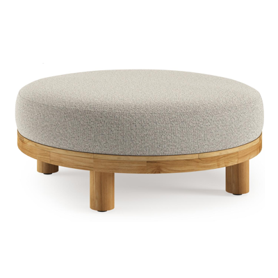 Donato lounge poef in teak en beige verticaal geweven ronde rope met all weather solica Firenze Sand kussen