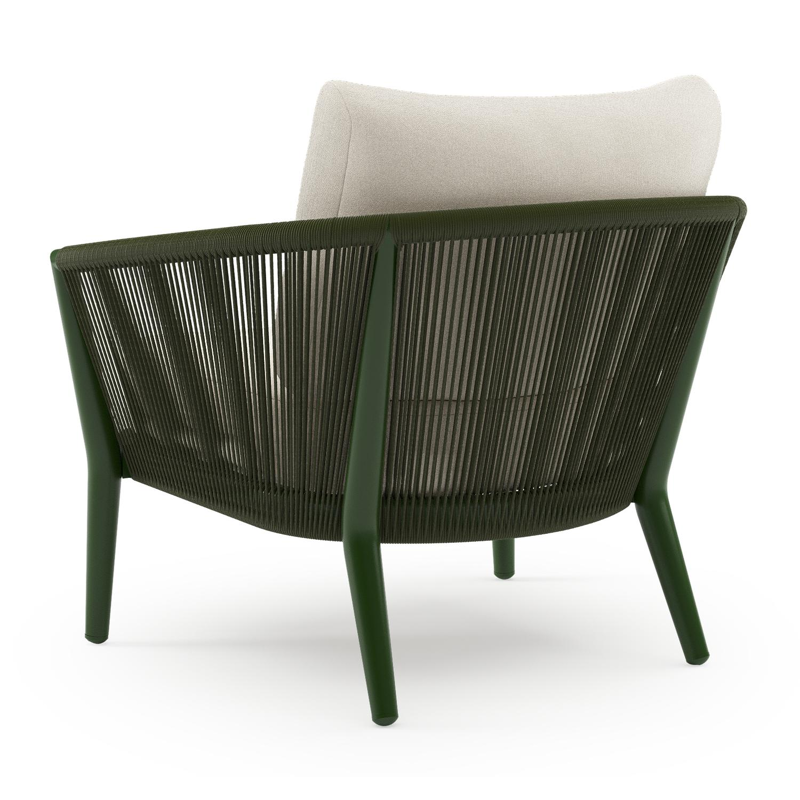 Orso loungestoel in groen aluminium en groen verticaal geweven ronde rope met Natte White all weather sunbrella® luxe kussen