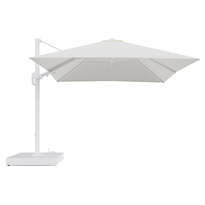 Rufina zweefparasol met tiltfunctie in wit aluminium en Natte White All Weather Sunbrella® Luxe parasoldoek - L1 300 x L2 300 cm met parasolvoet Minore 260 kg met wielen