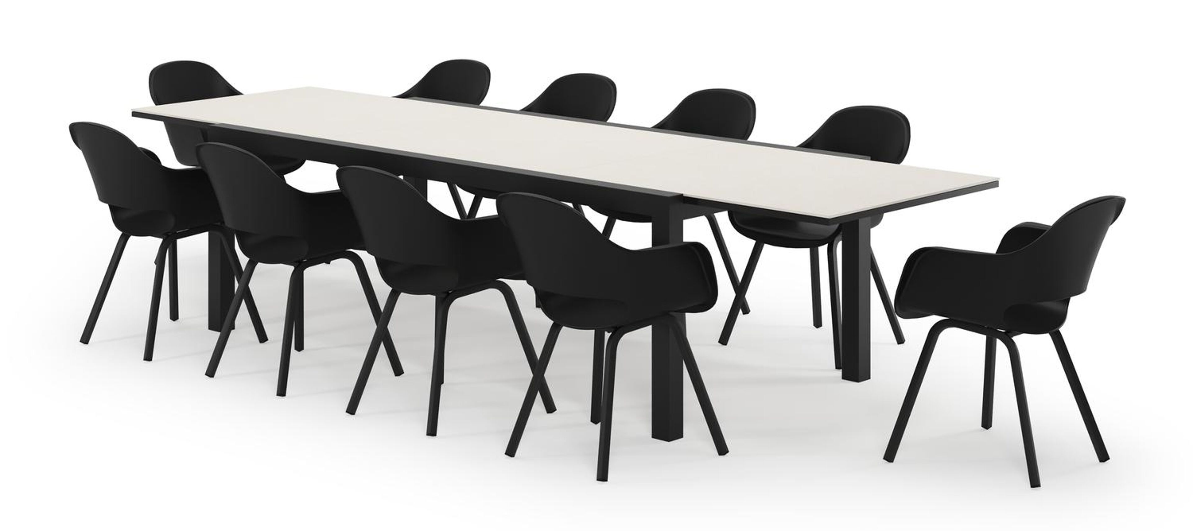Calobra rechthoekige uitschuifbare tuinset in zwart aluminium en sintered stone crema minerale met 10 Artena tuinstoelen