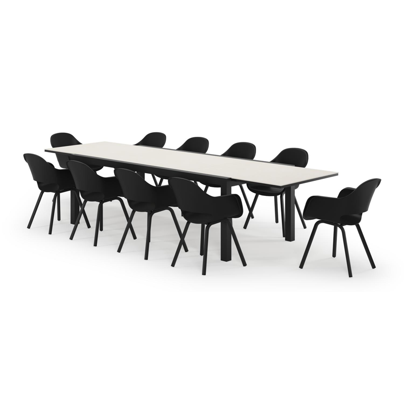 Calobra rechthoekige uitschuifbare tuinset in zwart aluminium en sintered stone crema minerale met 10 Artena tuinstoelen
