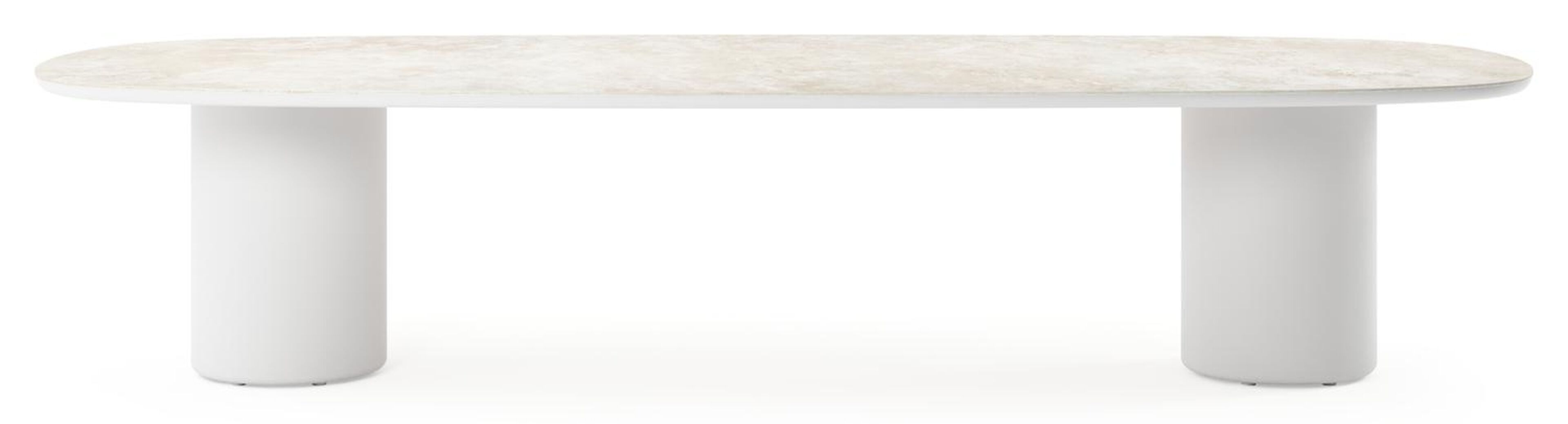 Table de jardin low dining Amico bombo en aluminium blanc et céramique pleine Rapolano - Lg. 320 x Lrg. 130 x Haut. 61 cm