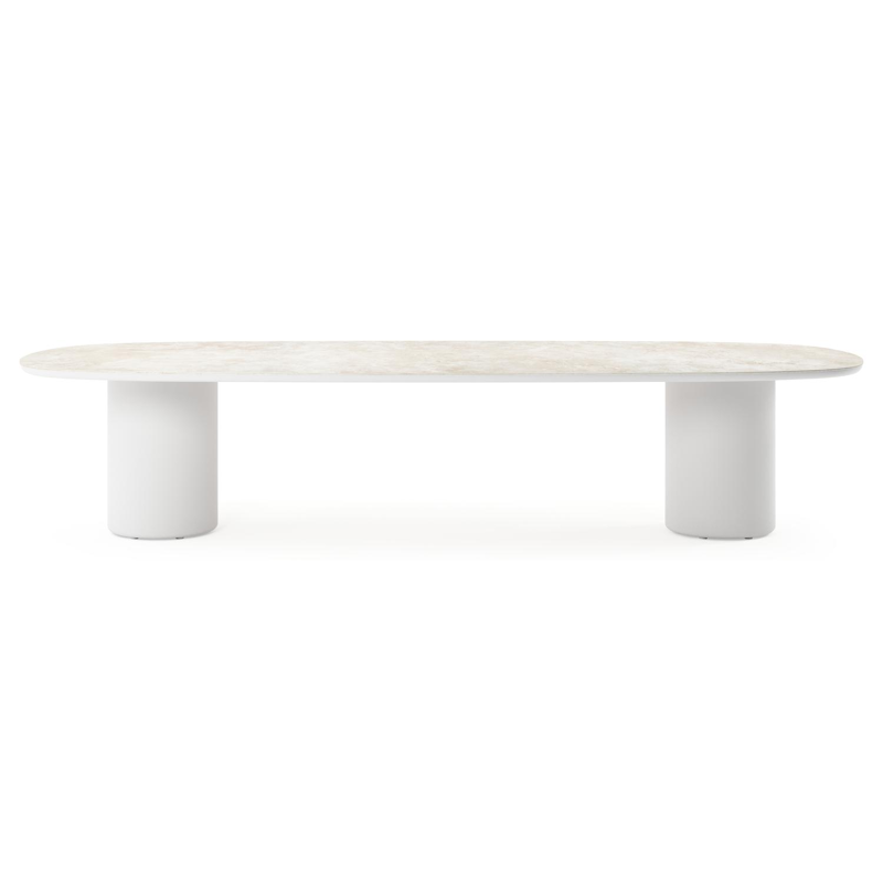 Table de jardin low dining Amico bombo en aluminium blanc et céramique pleine Rapolano - Lg. 320 x Lrg. 130 x Haut. 61 cm