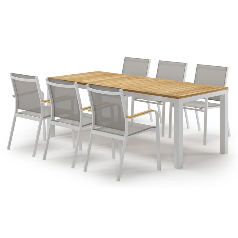 Varese tuinset in wit aluminium en teak met 6 Amalfi tuinstoelen