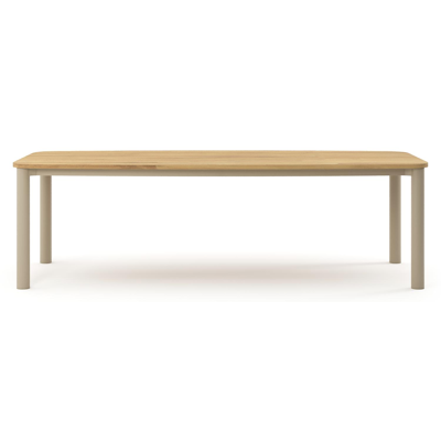 Table de jardin Orso forme de bateau en aluminium beige et teck - Lg. 255 x Lrg. 115 x Haut. 74.5 cm