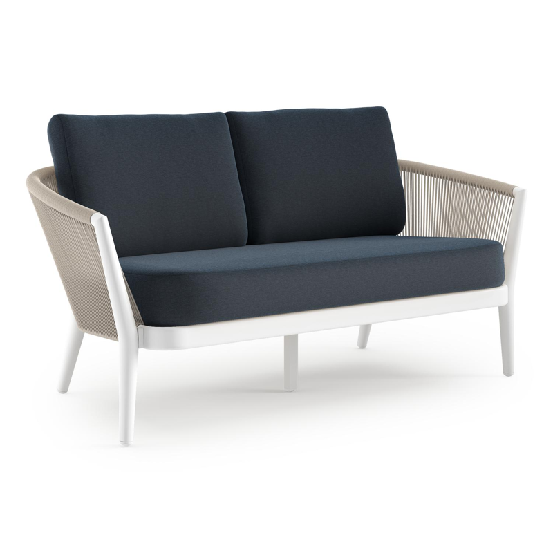 Canapé de jardin Orso en aluminium blanc en corde ronde tissée verticalement beige et coussins en all weather sunbrella® luxe Heritage Indigo