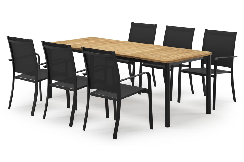 Mira rechthoekige afgeronde tuinset in zwart aluminium en teak natural finish met 8 Calobra tuinstoelen