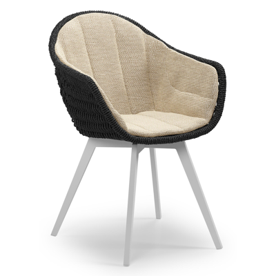 Pagino tuinstoel in wit aluminium en zwart ronde wicker met zitkussen in All Weather Cosytica Althea Camel